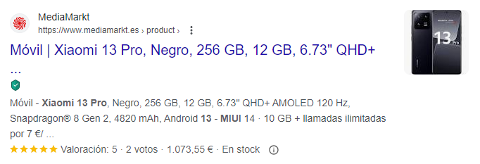 Fragmento destacado de producto en la búsqueda de Google